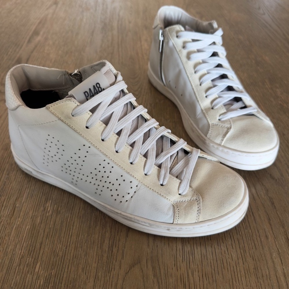 P448 White Leather John Italian Designer High Top Casual Sneakers-Size US‎ 8.5 - Picture 2 of 12